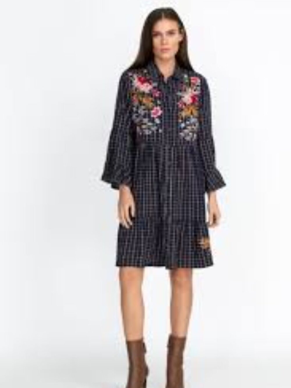 Johnny Was Emiko Easy Tiered Dress, Navy Plaid XL